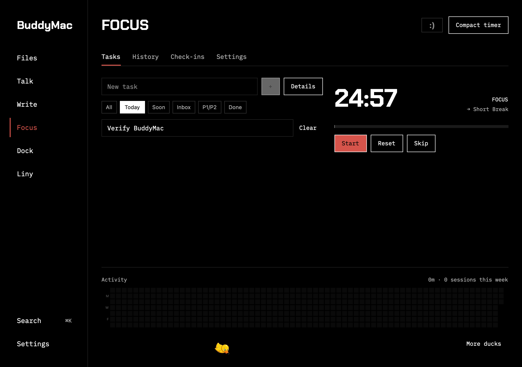 BuddyMac's Focus view, with a task list, work timer and activity history.